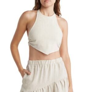 Sovere Womens Small Retold Hankey Hem Linen Blend Halter Top Tan NEW